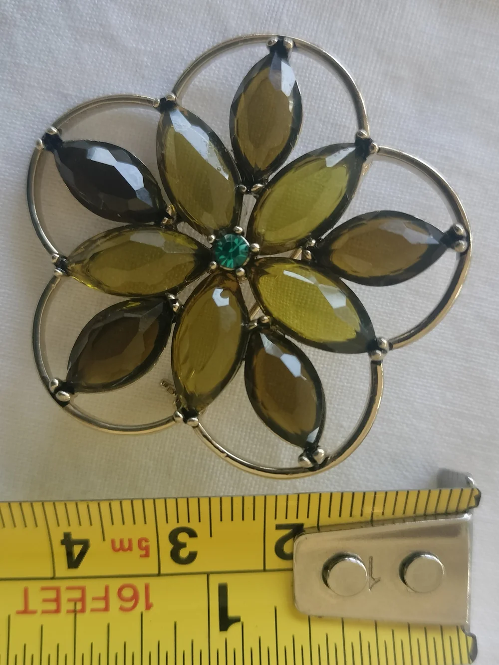 Amber Green Monet Marked Brooch-Vintage-Blue Center-marquis